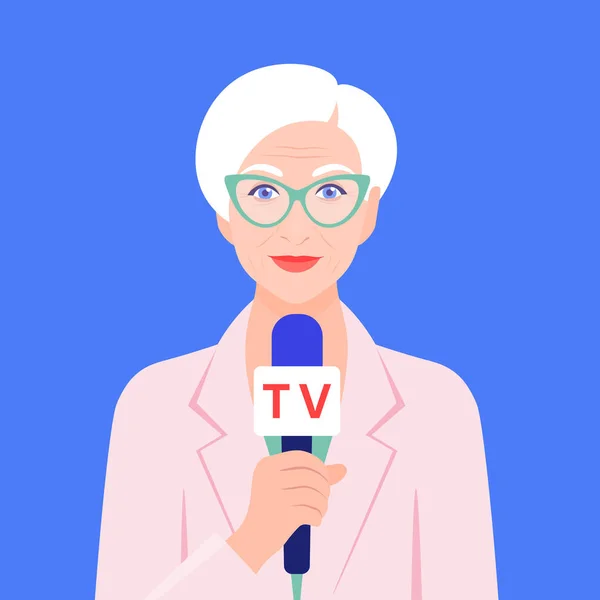 Yaşlı Bir Kadın Elinde Mikrofon Tutuyor Muhabir Haberleri Bildiriyor Bir — Stok Vektör