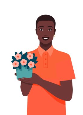 Saksıda çiçek tutan Afrikalı bir adamın portresi. Çiçekçi çalışanı. Houseplants. Vektör düz illüstrasyon
