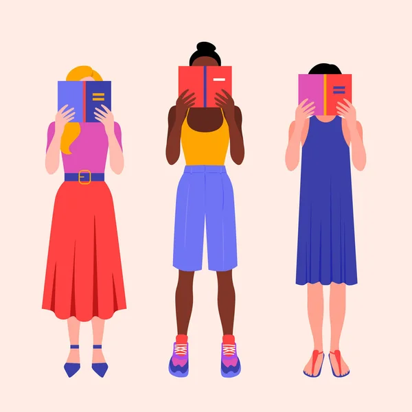 Retrato Tres Niñas Pleno Crecimiento Leyendo Libros Mujeres Diferentes Razas — Vector de stock