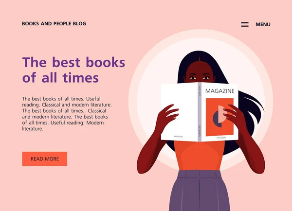 Afrykańska Kobieta Trzyma Czasopismo Rękach Szablon Strony Internetowej Książkach Literaturze — Wektor stockowy