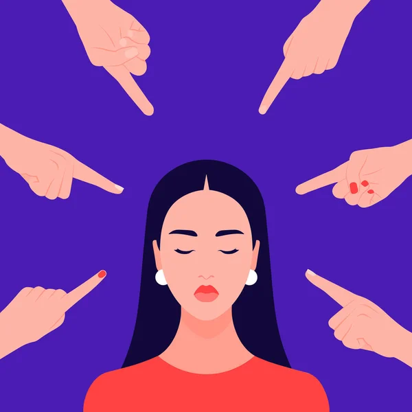 Shame Hands Different People Point Girl Portrait Young Woman Alien — Stock Vector