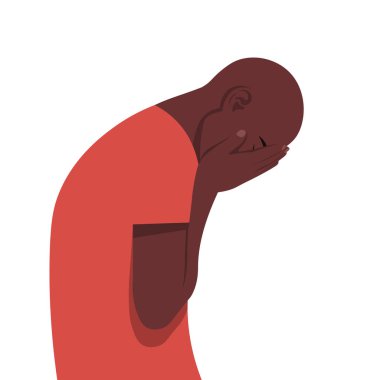 Umutsuzluk içinde genç Afrikalı adam. Profildeki adam büyük bir stres altında. Sinir krizi. Depresif bozukluk. Düz tarzda vektör Illustration.