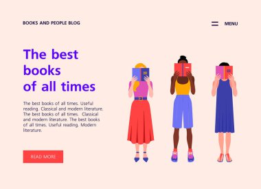 Farklı ulusların bir grup kadın ayakta ve kitap arkasında yüzleri gizleme okuyor. Kitap ve eğitim hakkında web sitesi şablonu. Okuma hakkında açılış sayfası. Vektör düz illüstrasyon