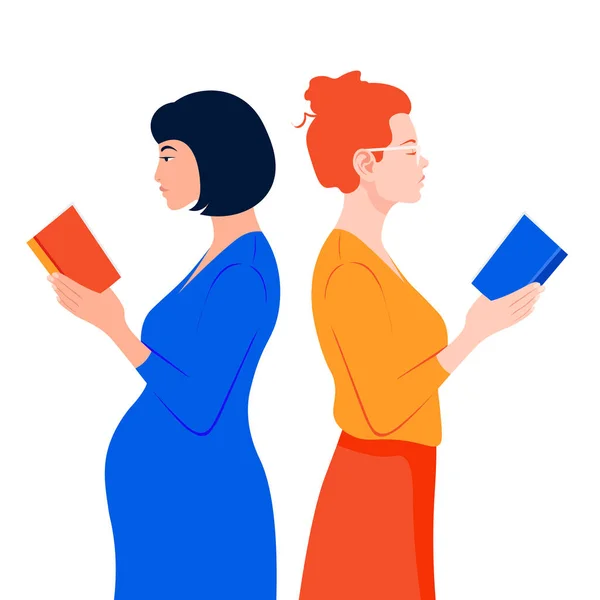 Dos Mujeres Están Perfil Leen Libros Niñas Diferentes Naciones Tienen — Vector de stock