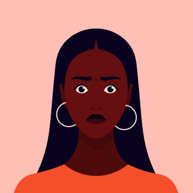 Sinirli bir Afrikalı kızın portresi. Heyecanlı kadın yüzü. Avatar Şok ve stres. Vektör düz illüstrasyon