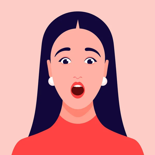 Surprised Face Portrait Girl Amazement Avatar Young Woman Vector Flat — Stock Vector