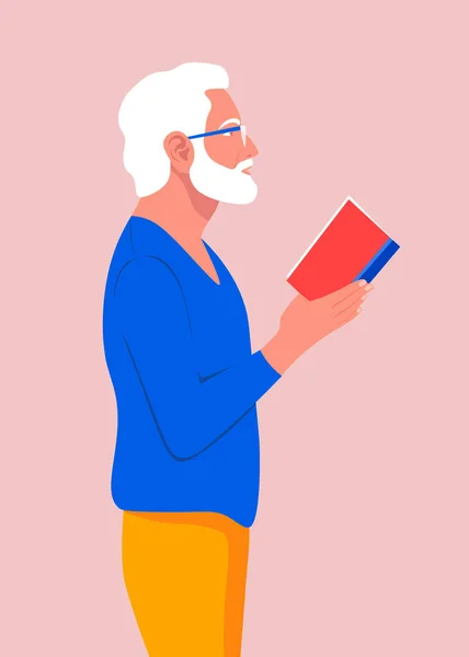 Egy Öregember Áll Profilt Tart Egy Könyvet Kezében Nagyapja Szemüveg — Stock Vector