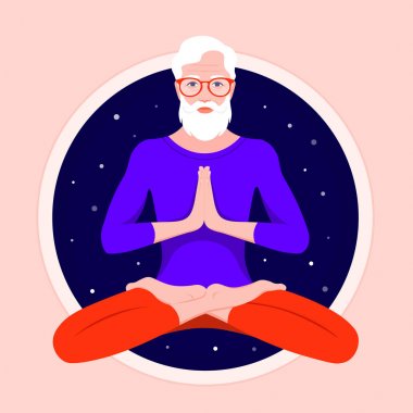 Sakallı yaşlı bir adam lotus pozisyonunda oturur ve meditasyon yapar. Dedesi yoga uygulamaları ve gece yıldızlı gökyüzünün arka plan karşı levitates. Vektör düz illüstrasyon