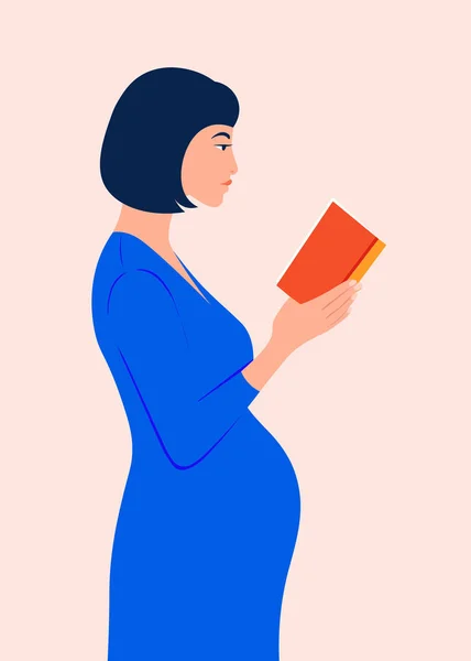 Kobieta Stoją Profilu Czytać Książki Matka Ciąży Trzyma Książkę Dłoniach — Wektor stockowy