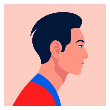 Profilde erkek yüzü var. Asyalı adamın baş tarafı. Sosyal ağ için Avatar. Vektör düz resimleme