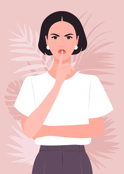 Une Jeune Femme Mis Doigt Sur Ses Lèvres Informations Secrètes — Image vectorielle