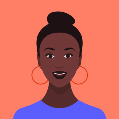 Afrikalı bir kızın Avatar'ı. Mutlu öğrenci. Genç kadın gülümsüyor. Vektör düz illüstrasyon