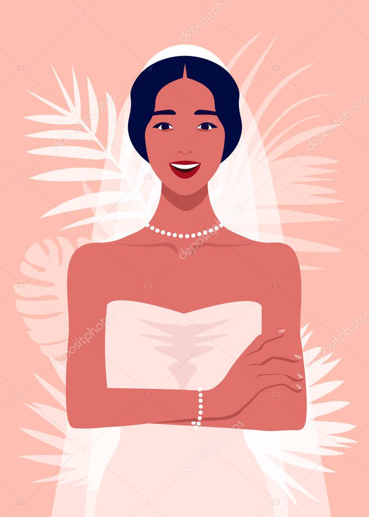 A happy bride is standing with arms crossed and laughing. The girl in a wedding dress and with a veil. Vector flat illustration