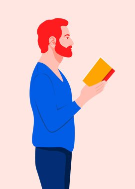 Kızıl saçlı bir adam profilde duruyor ve elinde bir kitap tutuyor. Kitap okuyan adam. Üniversite kütüphanesinde öğrenci. Vektör düz illüstrasyon