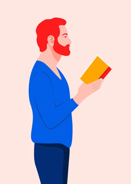 赤毛の男がプロフィールに立ち 本を手に持っている 本を読んでる奴大学図書館の学生ベクトルフラットイラスト — ストックベクタ