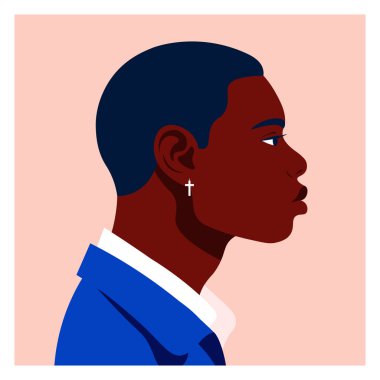 Profilde Afrikalı bir adamın portresi. Elemanların kafası yan tarafta. Çeşitlilik. Avatar. Vektör düz resimleme