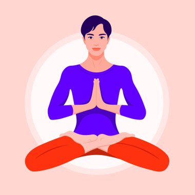 Genç bir adam lotus pozisyonunda oturur ve meditasyon yapar. Asyalı adam yoga ve levitates uygulamaları. Vektör düz illüstrasyon