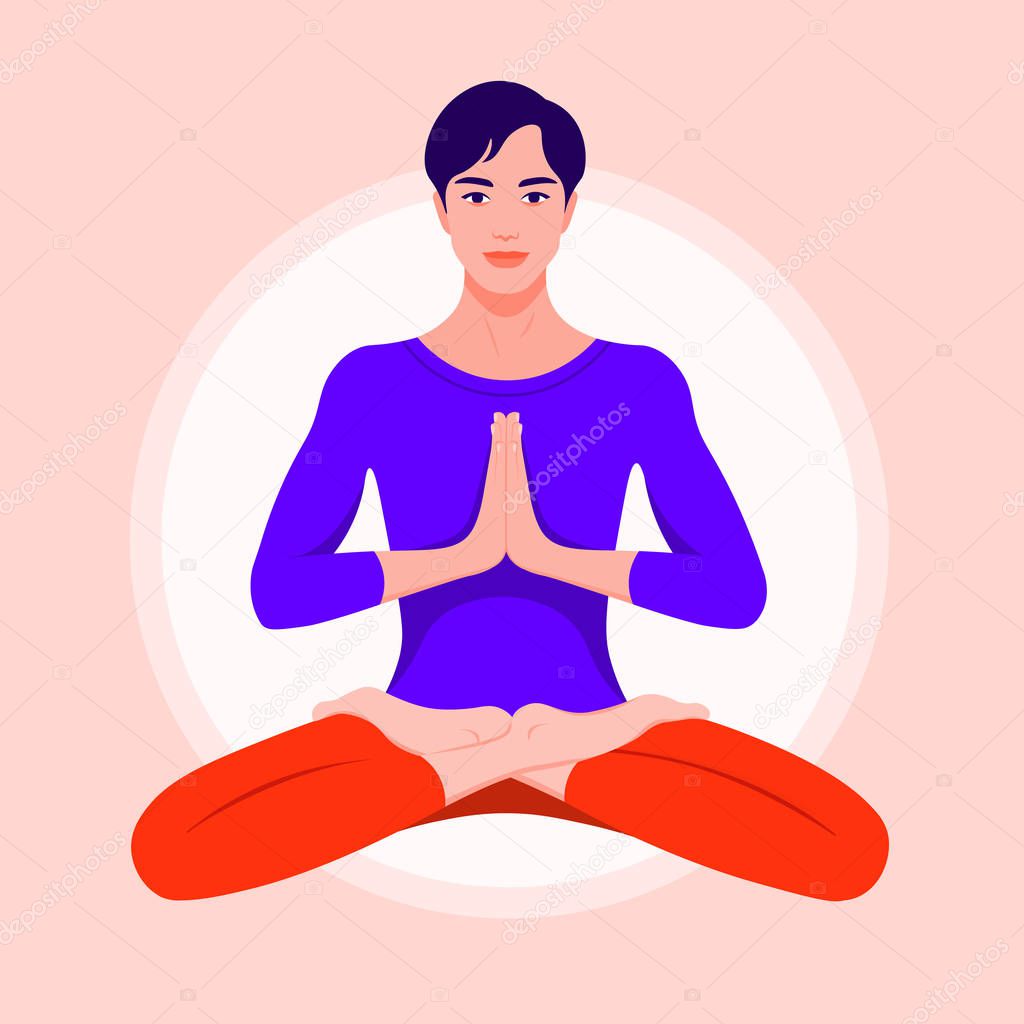 A young man sits in a lotus position and meditates. Asian guy practices yoga and levitates. Vector flat illustration