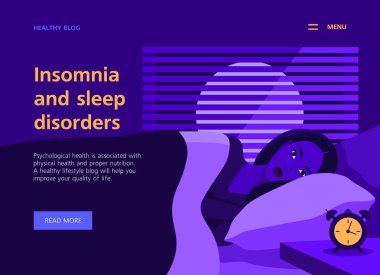 Kadın karanlık odada açık gözlerle yatakta yatıyor. Gece. Uykusuzluk ve uyku bozukluğu. Sistem durumu web sitesi şablonu. Vektör düz illüstrasyon