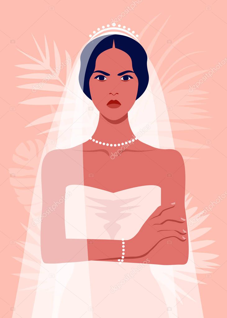 An angry bride is standing with arms crossed. The girl in a wedding dress and with a veil. Vector flat illustration