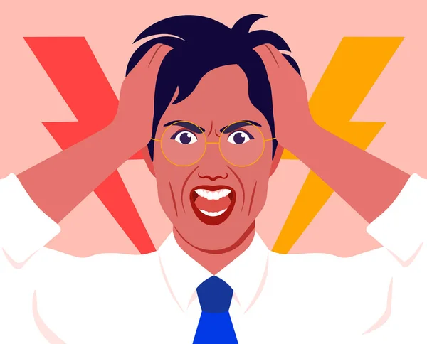 Retrato Homem Stress Empresário Segura Cabeça Nas Mãos Grita Dor — Vetor de Stock