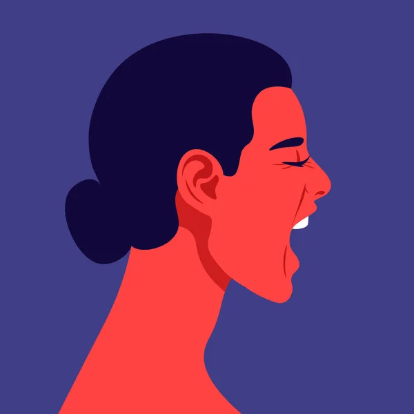 Кричащее Женское Лицо Профиль Голова Девушки Стрессе Стороне Агрессия Раздражение — стоковый вектор
