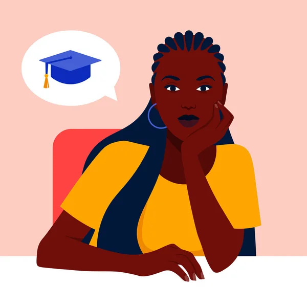 Uma Menina Africana Senta Uma Mesa Sonha Estudar Universidade Ilustração —  Vetores de Stock