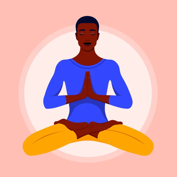 一个年轻人坐在莲花的位置冥想 非洲男人练习瑜伽和悬浮 矢量平面插图 — 图库矢量图片