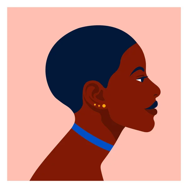 Perfil Una Mujer Africana Alegre Cara Chica Está Costado Ilustración — Vector de stock