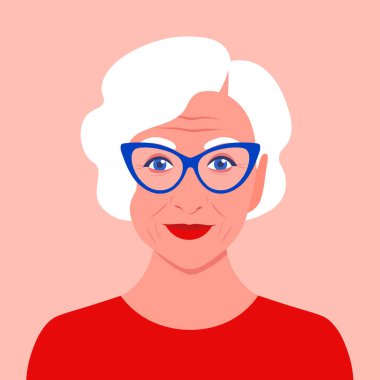 Gözlüklü yaşlı bir kadının portresi. Avatar moda emekli. Mutlu yaşlılık. Vektör düz illüstrasyon