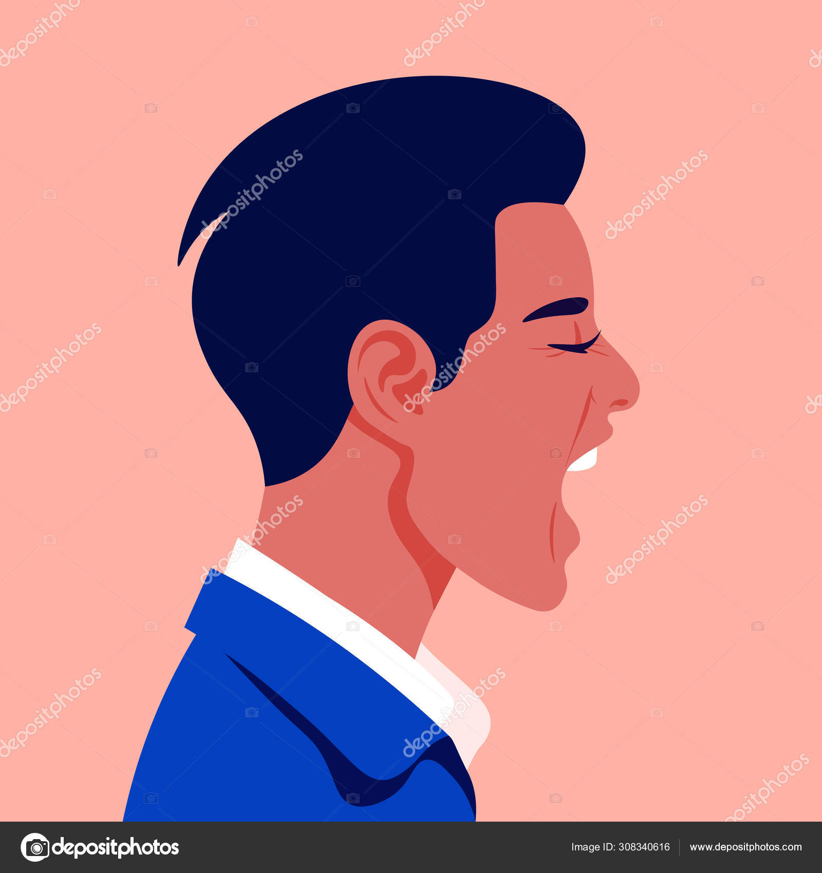 프로필에 비명을 지르는 남자의 측면에 스트레스에 남자의 침략과 일러스트레이션 스톡 벡터 - ©moremar 308340616, image size:1600x1700