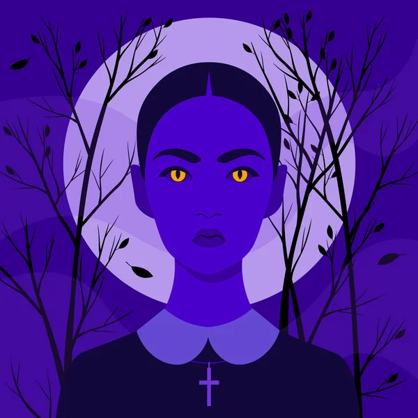 Halloween Retrato Uma Menina Com Olhos Brilhando Escuro Bruxa Jovem — Vetor de Stock