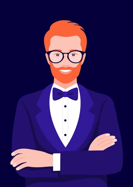 腕を組んだエレガントなヨーロッパ人男性の肖像画 タキシードとメガネをかけた赤髪の男のアバター フラットスタイルのベクトル明るいイラスト — ストックベクタ