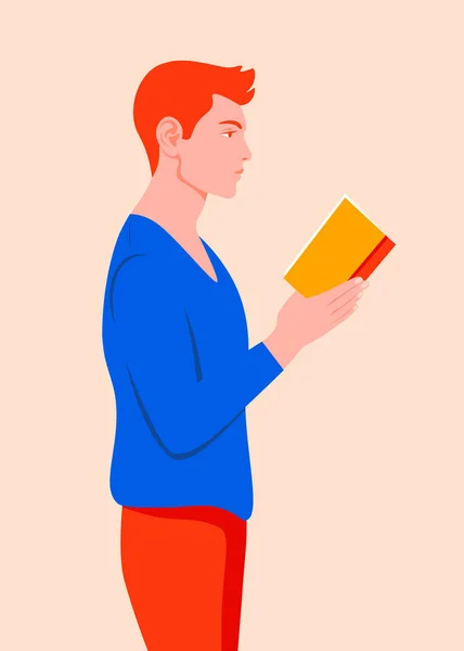 Redhead Man Stands Profile Holds Book His Hands Guy Reading — Stock Vector