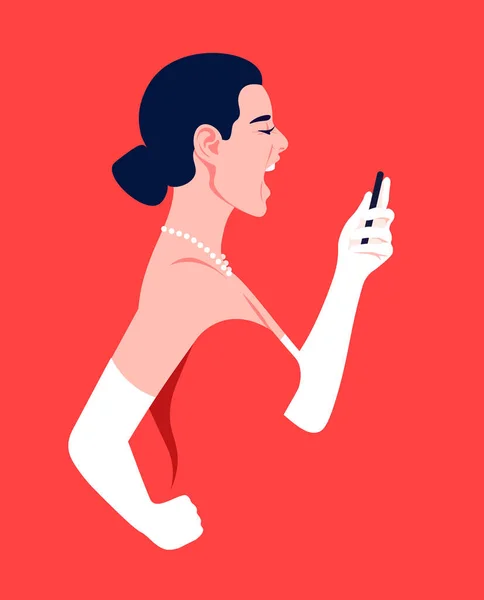 Žena Profilu Drží Dlaních Smartphone Křičí Dívka Večerních Šatech Červeném — Stockový vektor