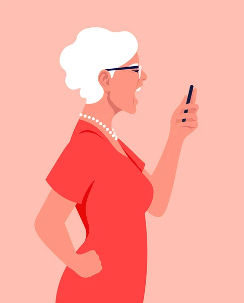 Una Anciana Perfil Sostiene Smartphone Sus Manos Grita Abuela Enojada — Vector de stock