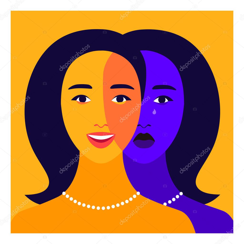 Portrait of a young woman with bipolar disorder. Happy and depressed faces. Mental health. Bright vector flat illustration