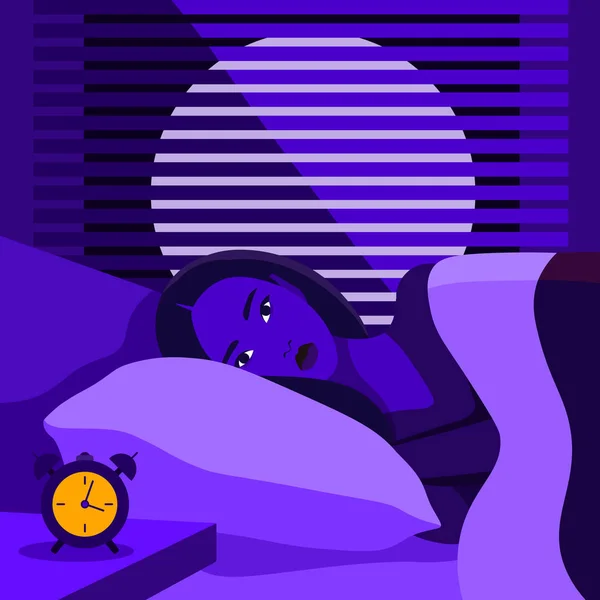 Woman Lies Bed Open Eyes Dark Room Night Insomnia Sleep — Stock Vector