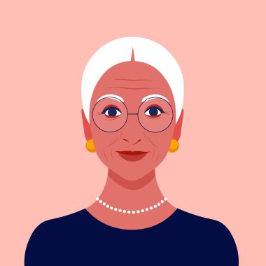 Gözlüklü yaşlı bir kadının portresi. Latin büyükanne avatarı. Gülen surat. Vektör düz resimleme