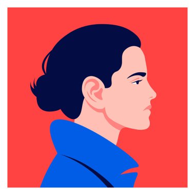 Güçlü bir kadının portresi. Kararlı ve cesur bir kızın profili. Yüzüne bak. Öğrenci. Genç politikacı. Feminist. Vektör düz resimleme