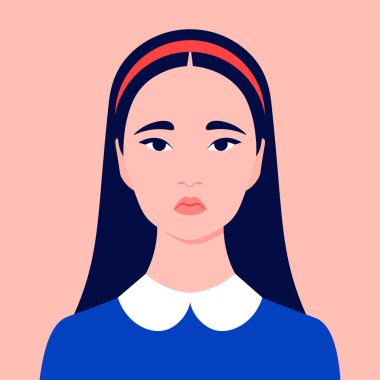 Üzgün bir Asyalı kızın portresi. Liseli kız avatarı. Bir çocuğun yüzü. Yetim. Vektör düz resimleme