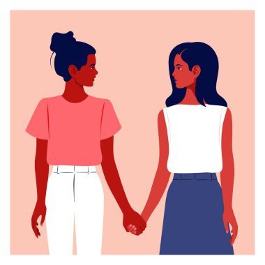 İki kız el ele tutuşuyor. Kız arkadaşlar. İki liseli kız birbirlerine bakıyor. Gençler ve öğrenciler. Kız kardeşlik. Feminizm. Vektör düz resimleme