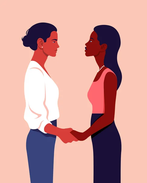 Zwei Frauen Stehen Profil Und Halten Händchen Feminismus Schwesternschaft Gemeinschaft — Stockvektor