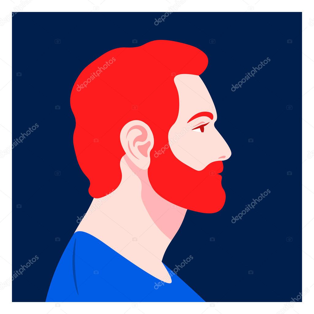 The head of a bearded man in profile. Avatar of a European businessman. Character face side view. Social Media. Vector flat illustration