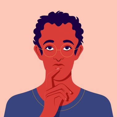 Düşünen bir adamın portresi. Sanırım. Tahmin et ve bir karar ver. Adam avatarı. Vektör düz resimleme