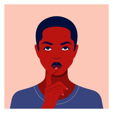 Afrikalı öğrenci parmağını dudaklarına koydu ve düşündü. Ergen Avatar 'ı. Bir çocuk portresi. Vektör düz resimleme