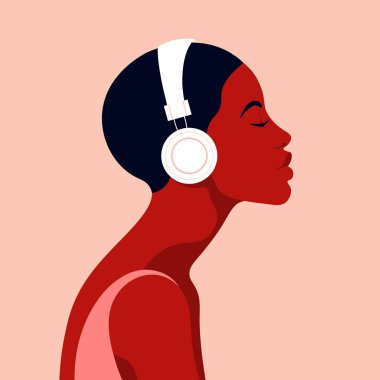 Kız kulaklıkla müzik dinliyor. Müzik terapisi. Genç bir Afrikalı kadının profili. Müzisyen avatar bakış açısı. Vektör düz resimleme