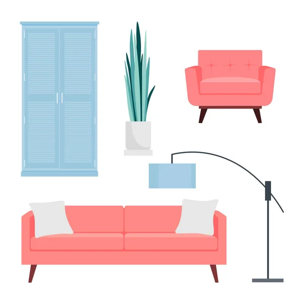 白い背景にリビングルームのための家具のコレクション ソファ 鉢植え アームチェア ワードローブ ベクトル平図 — ストックベクタ