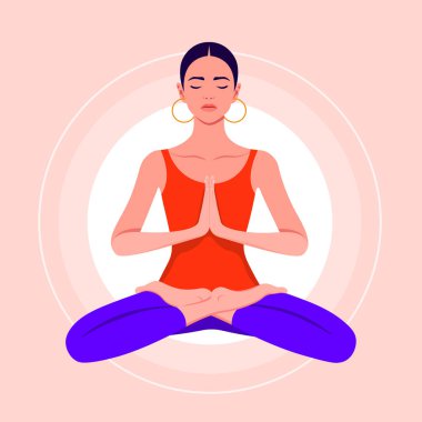 Genç bir kadın lotus pozisyonunda oturur ve meditasyon yapar. İspanyol kız yoga yapıyor ve havada duruyor. Vektör düz resimleme