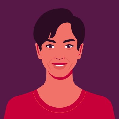 Asyalı bir adamın portresi. Mutlu bir adamın Avatar 'ı. Renkli bir portre. Üniversitenin oryantal öğrencisi. Vektör düz resimleme